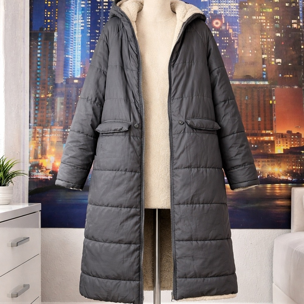 Women’s Long Puffer Coat with Sherpa Lining - Gray